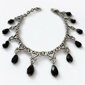 Vintage Silver Scroll Link Bracelet w/ Black Glass Charms | Gothic Romantic